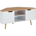 Meuble TV d'angle style industriel 115 x 55 x 53,5 cm, finition blanc et chêne, support TV gain de place pour salon