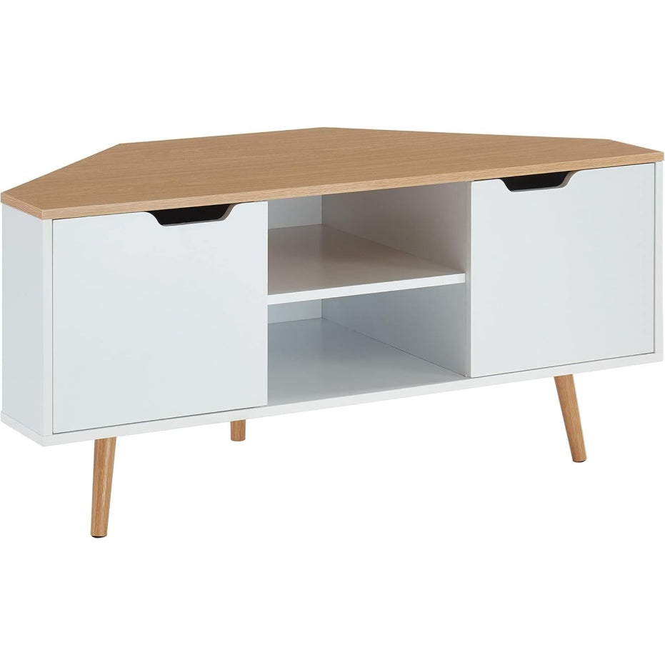 Meuble TV d'angle style industriel 115 x 55 x 53,5 cm, finition blanc et chêne, support TV gain de place pour salon