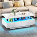 Table basse rectangulaire avec eclairage LED, 4 tiroirs et etagere ouverte, meuble de salon finition brillante