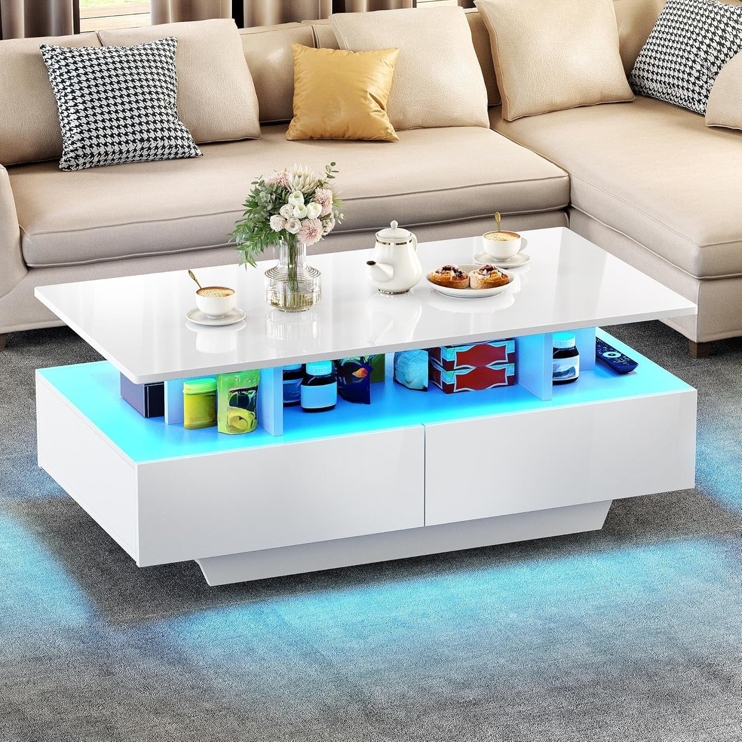 Table basse rectangulaire avec eclairage LED, 4 tiroirs et etagere ouverte, meuble de salon finition brillante