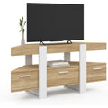 Meuble TV d'angle 110 cm avec tiroir, banc TV gain de place finition bois et blanc pour salon