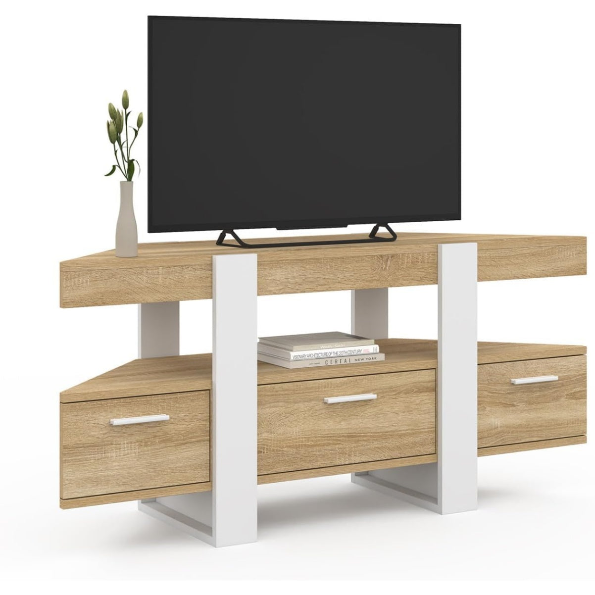 Meuble TV d'angle 110 cm avec tiroir, banc TV gain de place finition bois et blanc pour salon