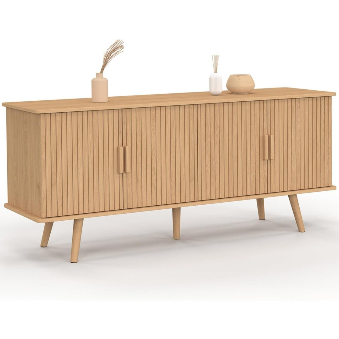 Buffet bas 140 cm finition chêne avec quatre portes décor tasseaux effet lattes