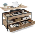 Table basse multifonction avec plateau relevable, compartiment cache, rangement ouvert et tiroirs, marron camel et noir