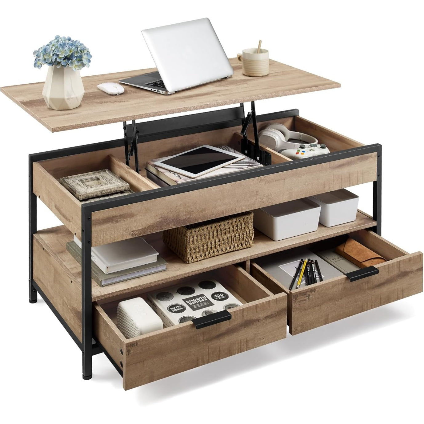 Table basse multifonction avec plateau relevable, compartiment cache, rangement ouvert et tiroirs, marron camel et noir