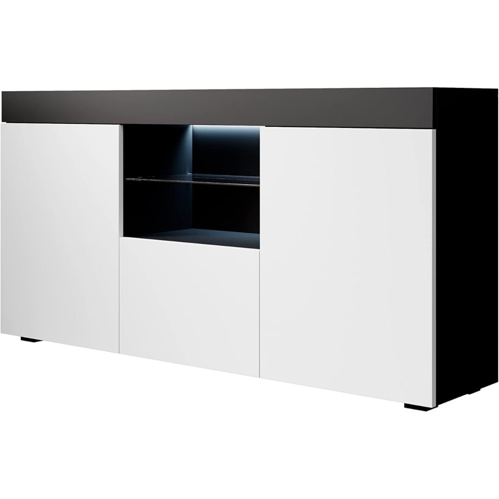 Bahut contemporain avec éclairage LED, finition noir et blanc mat pour salon ou salle à manger