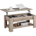 Table de salon relevable avec coffre dissimule et espace de rangement inferieur, finition grise