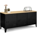 Buffet bas industriel 113 cm avec 3 portes en metal et plateau effet bois, noir