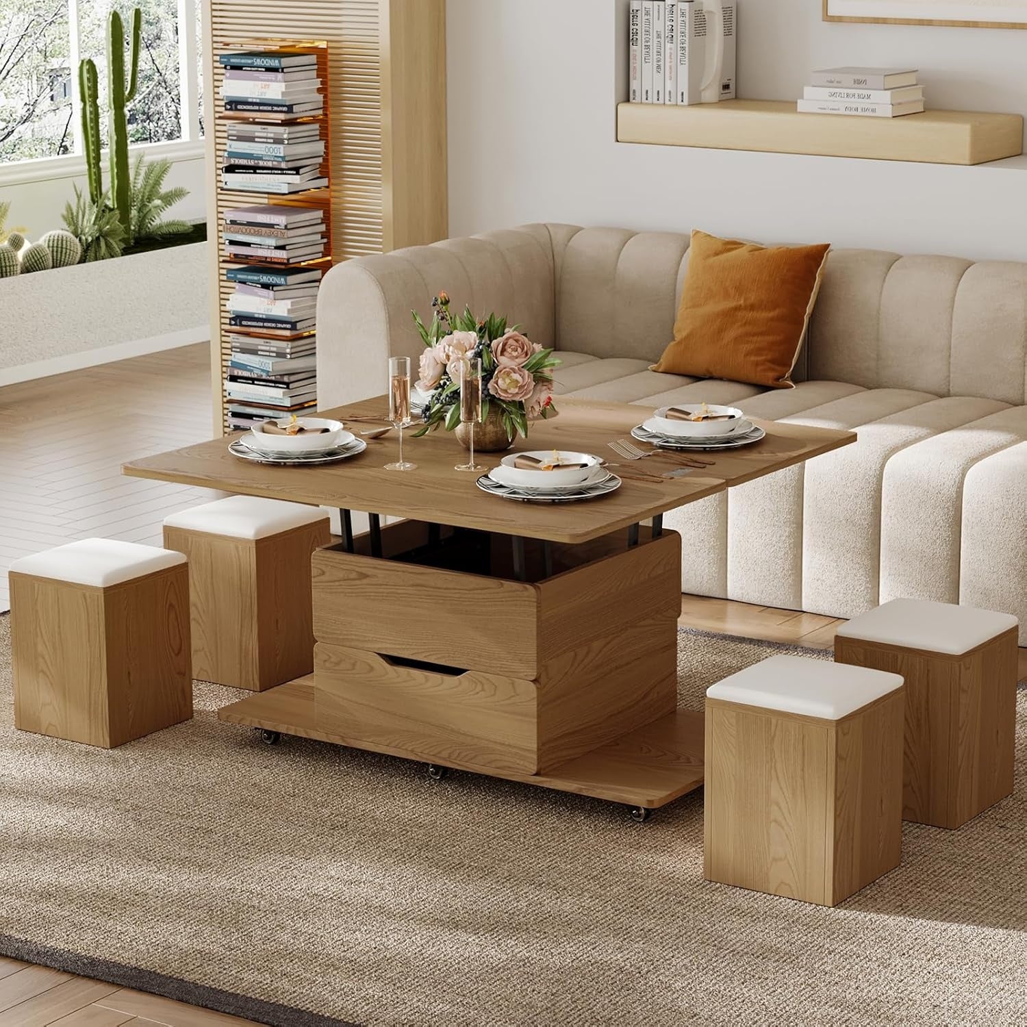 Table basse relevable en bois avec 4 chaises dissimulees, rangement integre et plateau hydraulique multifonction