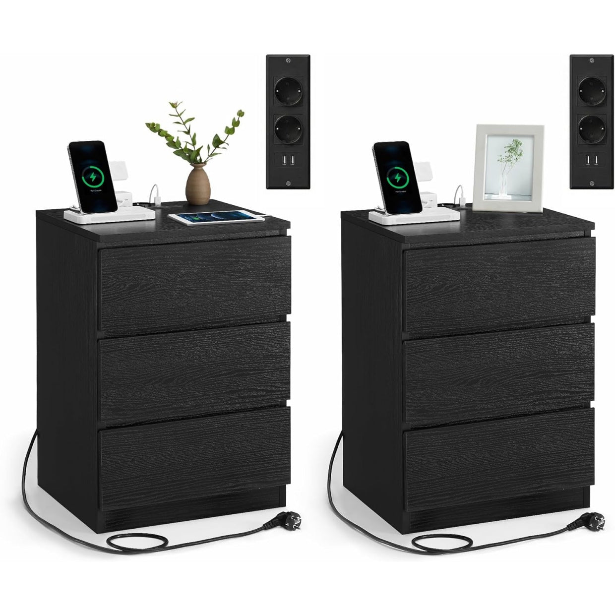 Lot de 2 tables de chevet avec multiprise, 3 tiroirs, prises secteur et ports USB, tables d'appoint modernes noir effet bois
