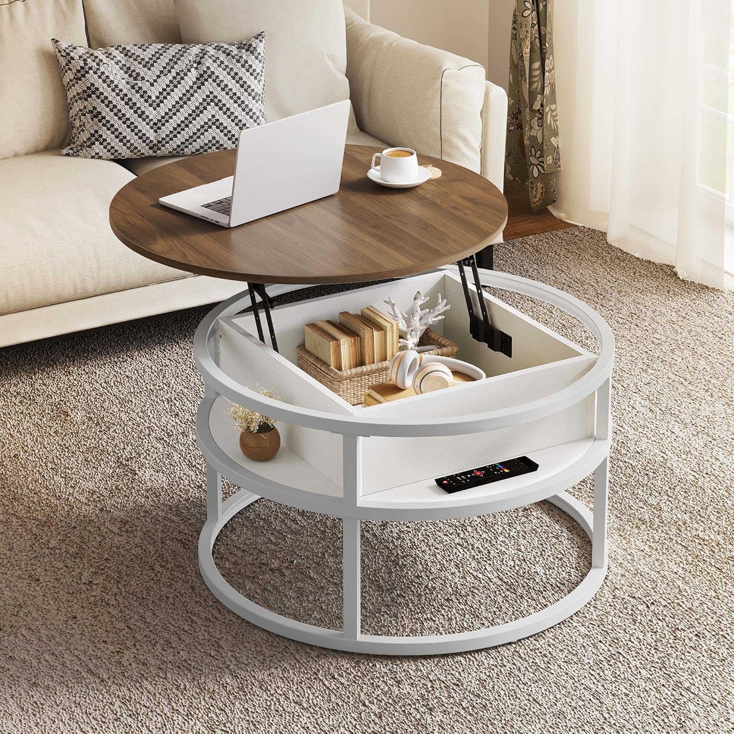 Table basse ronde relevable 80 x 80 cm avec coffre de rangement caché, meuble de salon à cadre métallique robuste