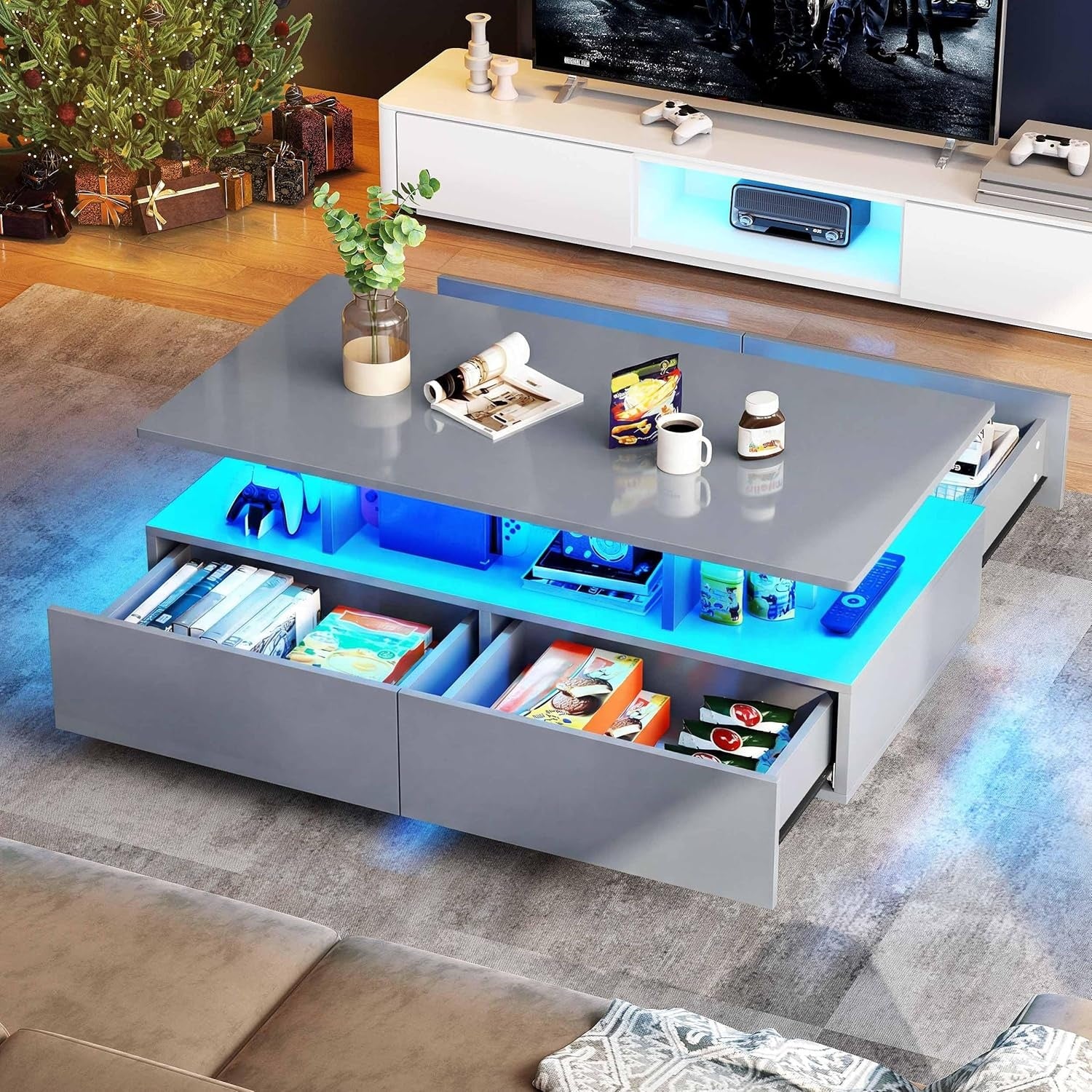 Table basse laquee grise avec eclairage LED 16 couleurs, etagere ouverte et 4 tiroirs extensibles, 90 x 55 x 41,1 cm