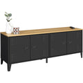 Buffet bas industriel 140 cm avec 4 portes metalliques et plateau aspect bois