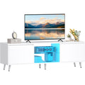 Meuble TV blanc avec éclairage LED, portes de rangement et tablette en verre réglable, style contemporain
