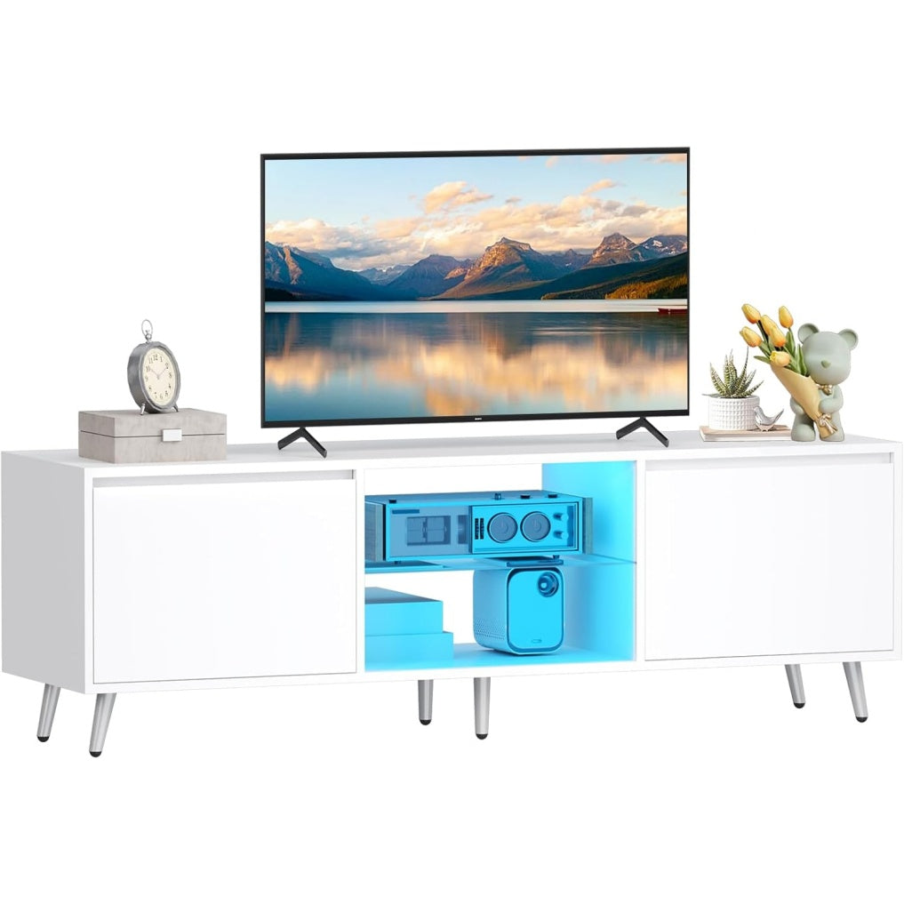 Meuble TV blanc avec éclairage LED, portes de rangement et tablette en verre réglable, style contemporain