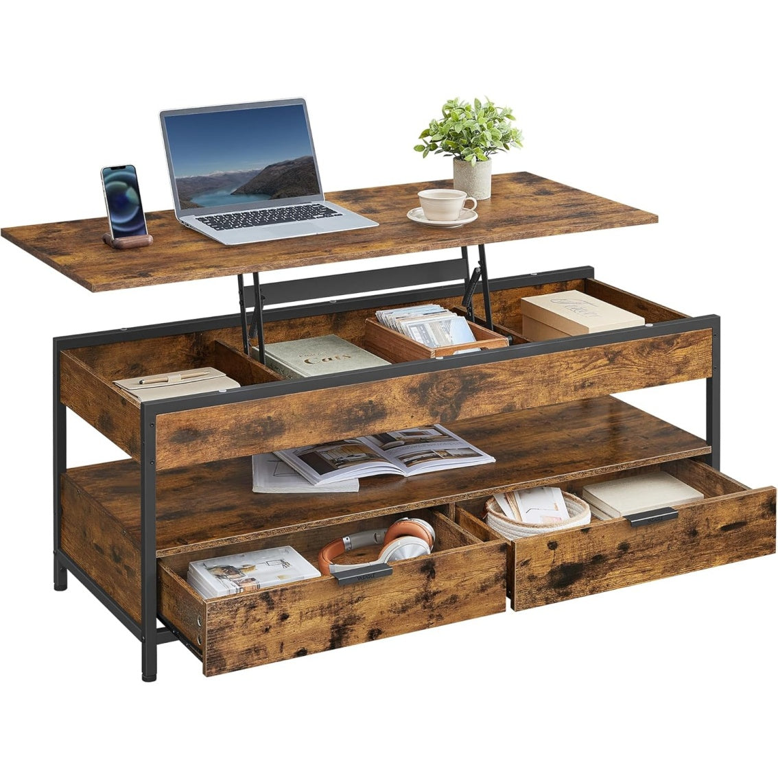 Table basse avec plateau relevable, tiroirs intégrés et compartiment dissimulé, style industriel