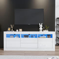 Meuble TV 160 cm avec eclairage LED, deux tiroirs et portes de rangement, finition blanche, 160 x 35 x 60 cm