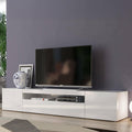 Meuble TV bas 200 cm avec 3 portes, buffet TV design moderne pour salon, finition blanc brillant