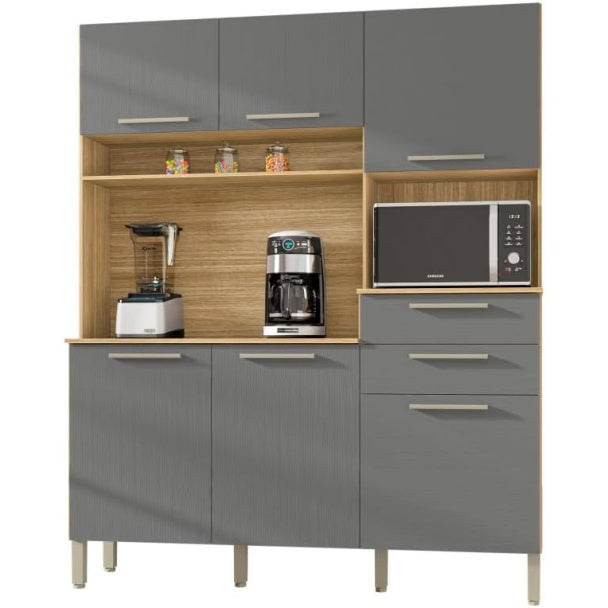 Buffet de cuisine avec six portes et deux tiroirs, meuble de rangement grande capacite, decor chene et gris