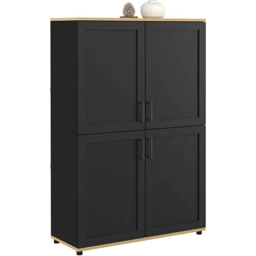 Buffet haut bicolore noir et bois avec quatre portes et grand volume de rangement