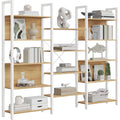 Grande bibliotheque industrielle avec 14 etageres, structure en acier, finition chene dore et blanc mat