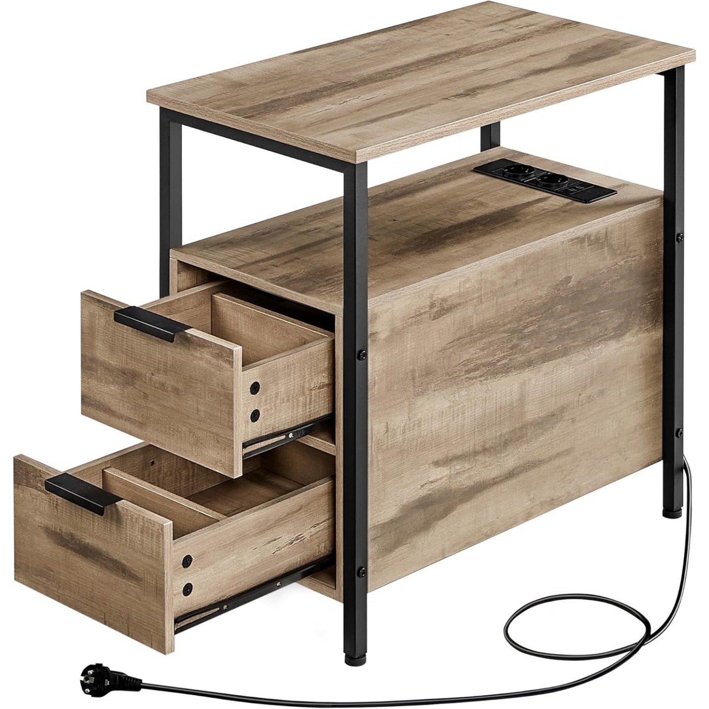 Table dappoint et table de chevet avec multiprise integree, 2 tiroirs et rangement, marron camel et noir
