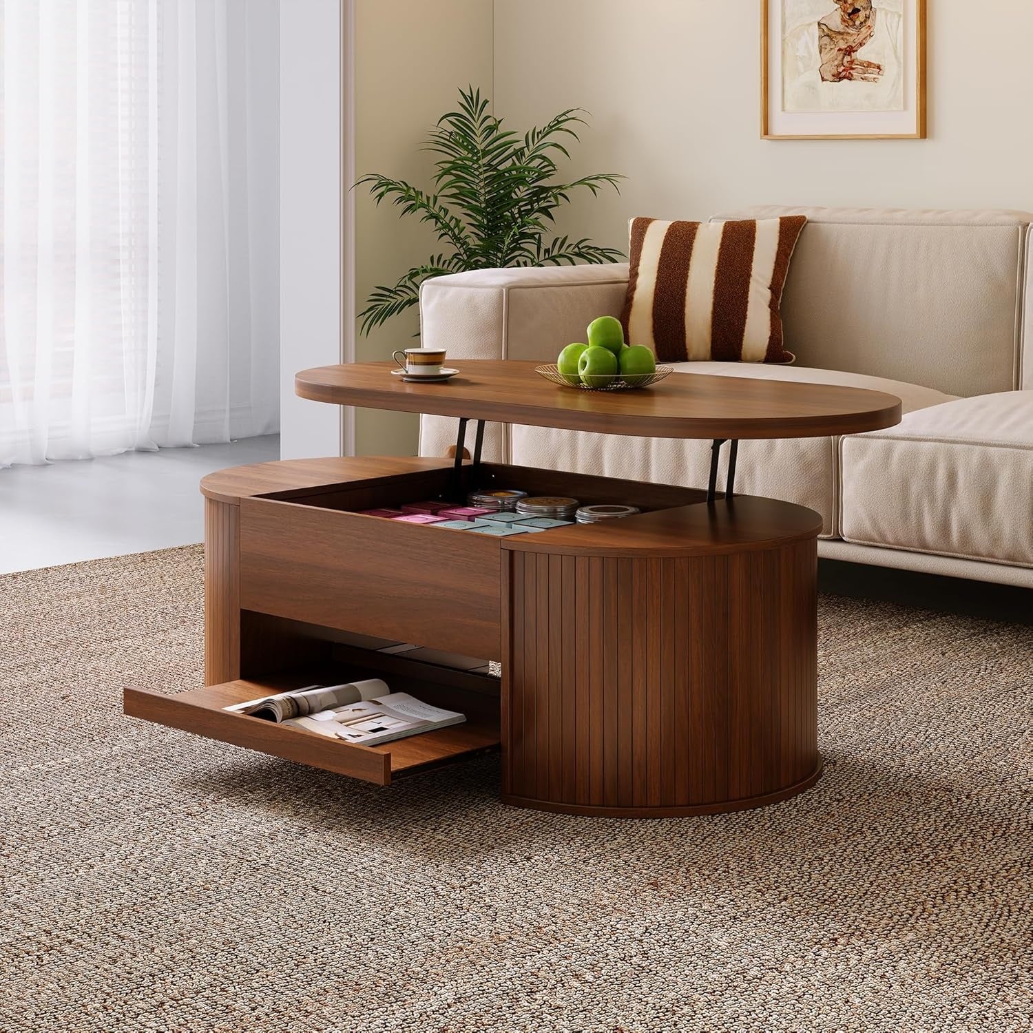 Table basse relevable avec hauteur ajustable, étagère extensible et espaces de rangement intégrés