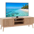 Meuble TV bas contemporain avec espace de rangement, finition beige naturel, pour salon