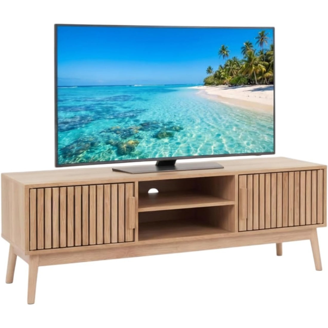 Meuble TV bas contemporain avec espace de rangement, finition beige naturel, pour salon