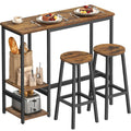 Ensemble table de bar avec 2 tabourets et étagères intégrées, table haute pour cuisine ou salle à manger, structure en acier, marron rustique