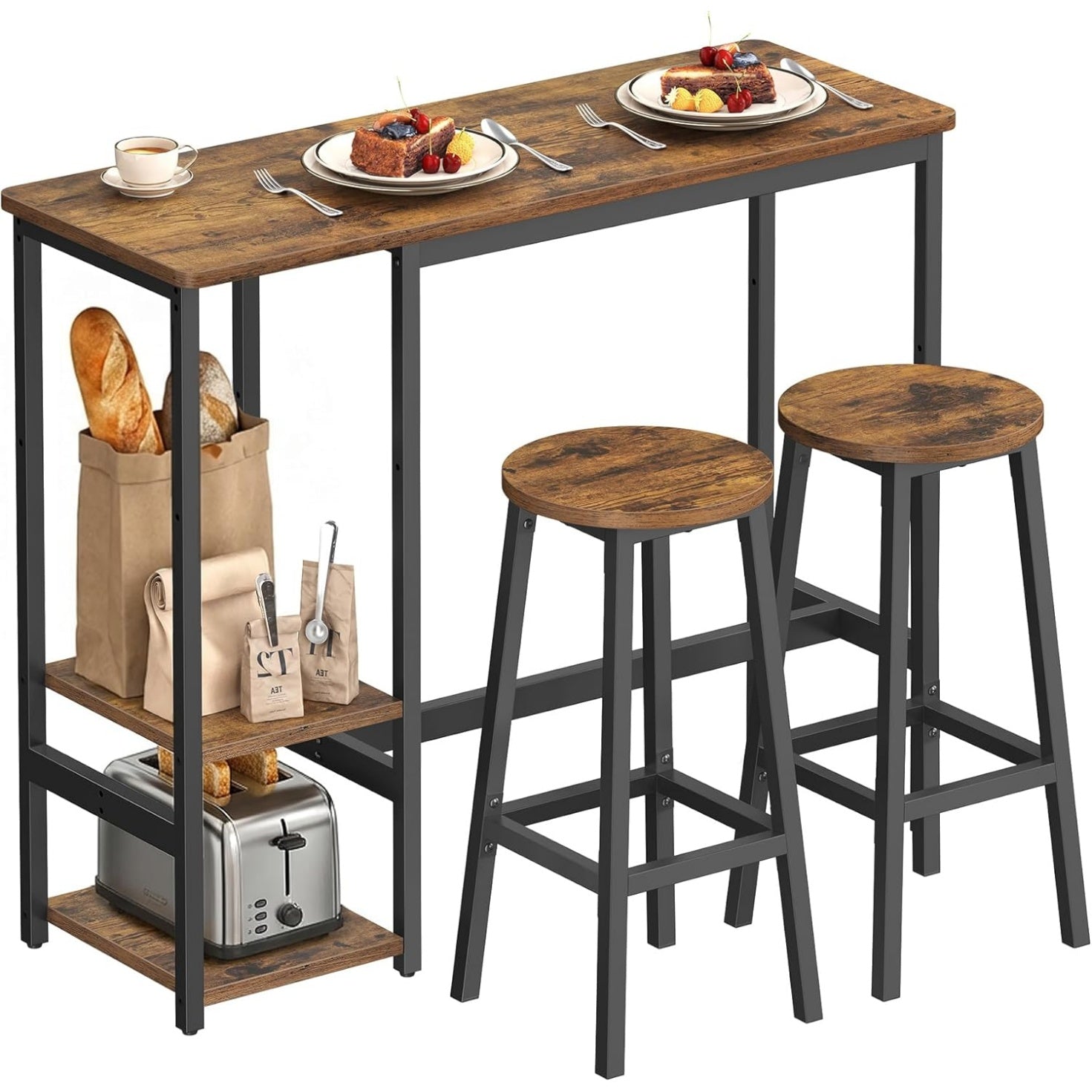 Ensemble table de bar avec 2 tabourets et étagères intégrées, table haute pour cuisine ou salle à manger, structure en acier, marron rustique