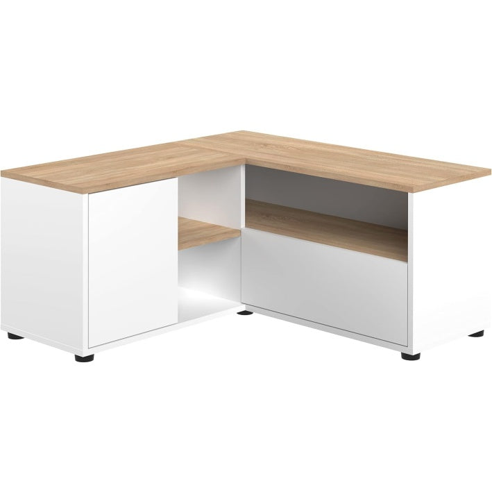 Meuble TV d'angle 90 x 90 x 45 cm pour petit espace, support télévision blanc et chêne naturel