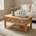 Table basse rectangulaire en pin massif avec deux tiroirs, style mexicain traditionnel