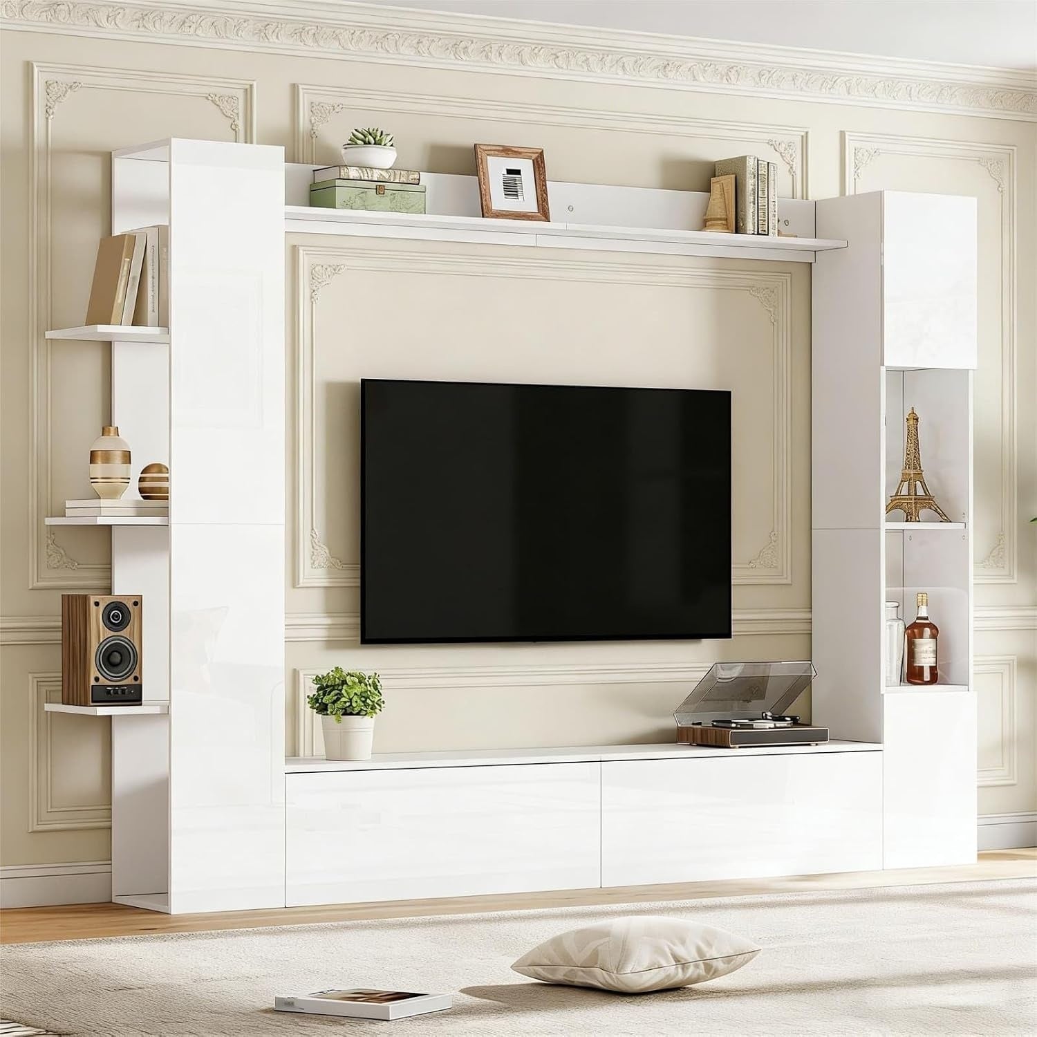 Ensemble mural brillant avec meuble TV suspendu, vitrine et bibliotheque, finition blanche