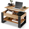 Table basse relevable avec compartiment cache et etagere de rangement, style industriel, plateau reglable de 45 a 61 cm, noir et chene