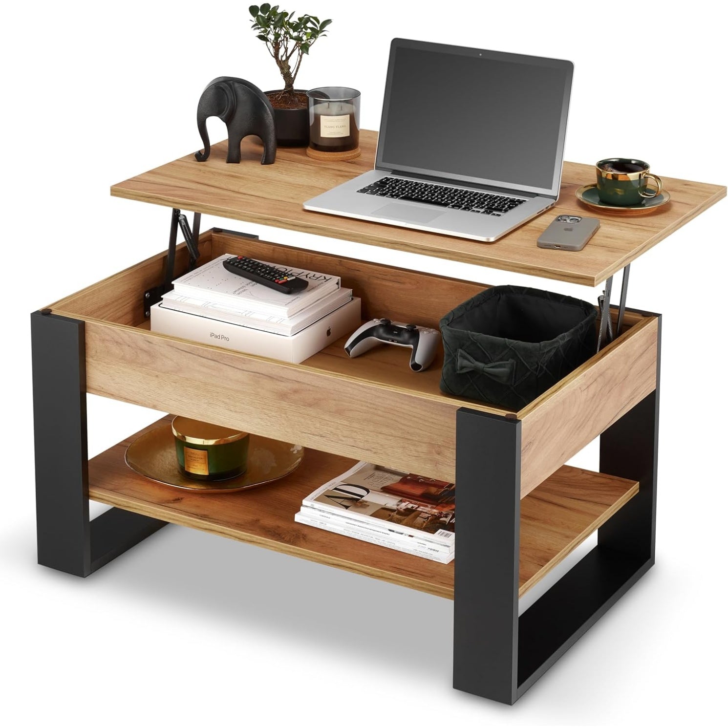 Table basse relevable avec compartiment cache et etagere de rangement, style industriel, plateau reglable de 45 a 61 cm, noir et chene