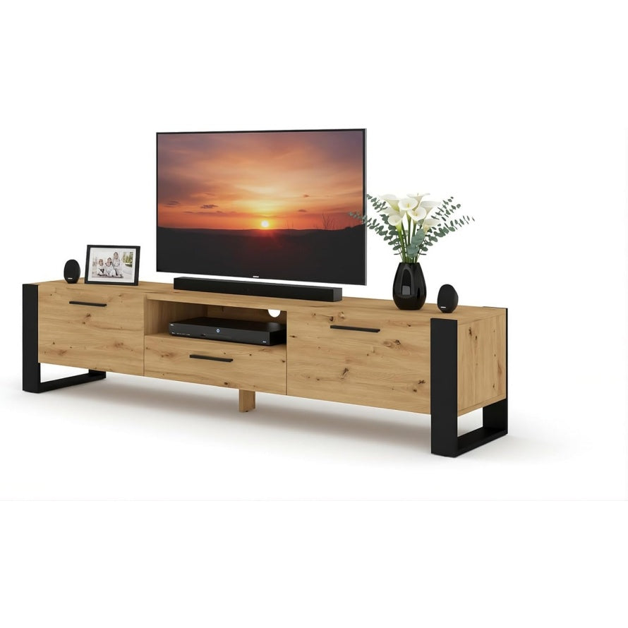 Meuble TV moderne 200 cm avec 3 portes, niche ouverte et passe cables integre, compatible jusqua 70 pouces, chene artisan
