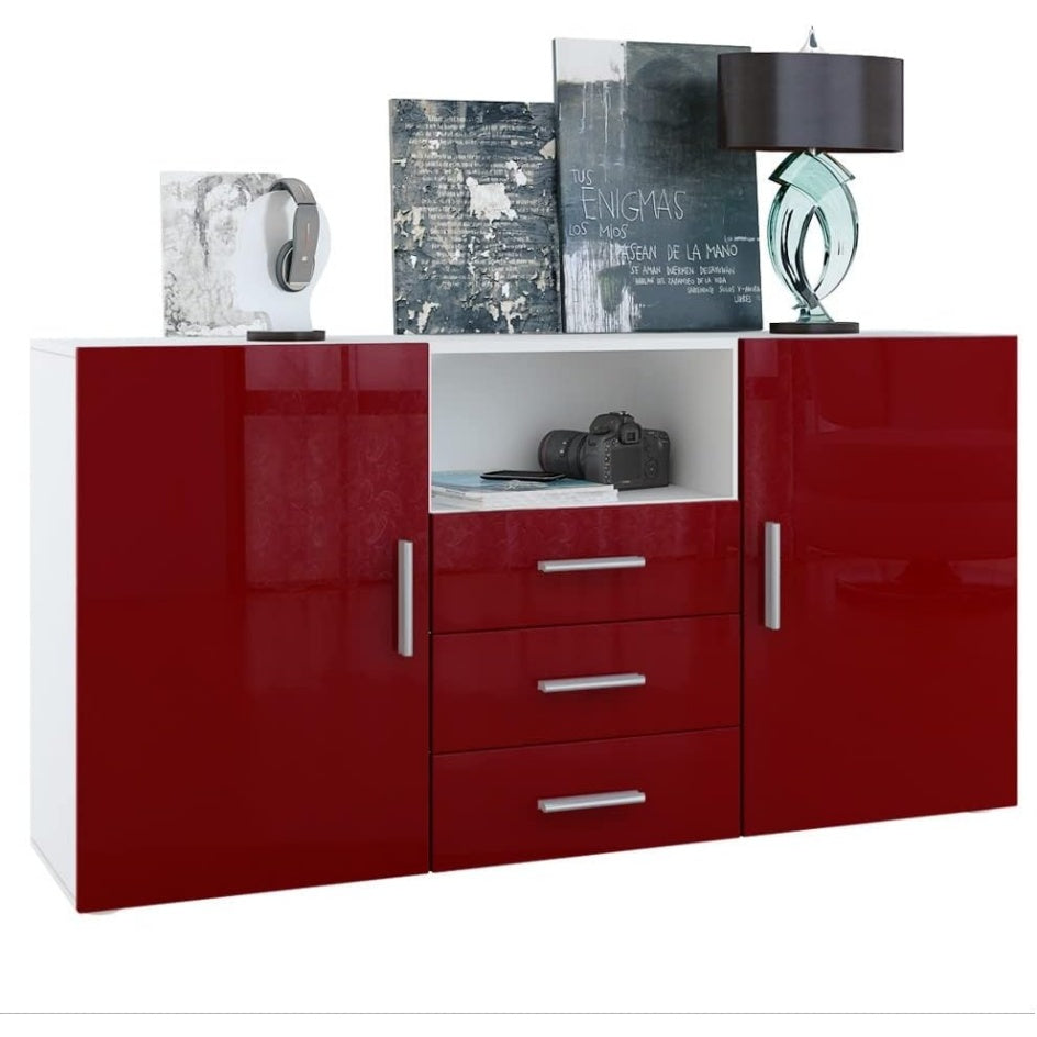 Buffet contemporain avec deux portes, trois tiroirs et compartiment ouvert en finition blanc mat et bordeaux brillant