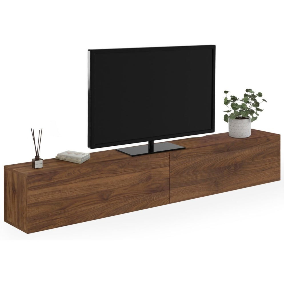 Meuble TV mural 180 cm avec 2 portes, finition effet noyer