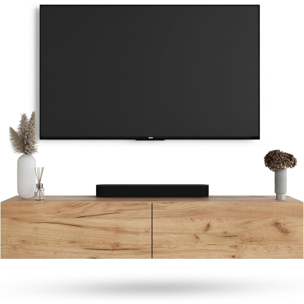 Meuble télévision suspendu ou à poser avec lignes modernes et finition chêne doré