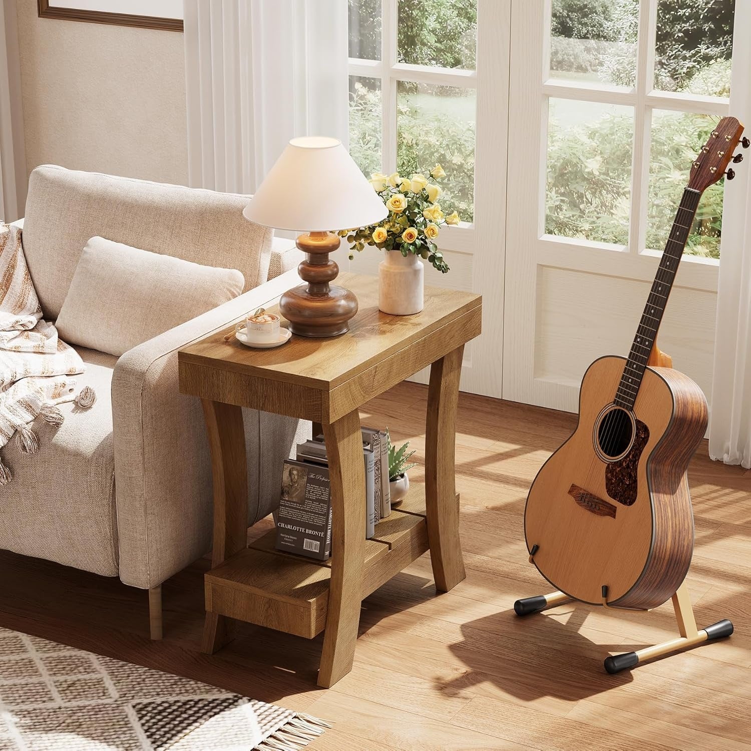 Table dappoint en bois avec espace de rangement, format compact pour salon, chambre ou bureau, style rustique