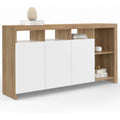 Buffet 140 cm avec portes blanches et finition aspect hetre, meuble de rangement pour salon ou salle a manger