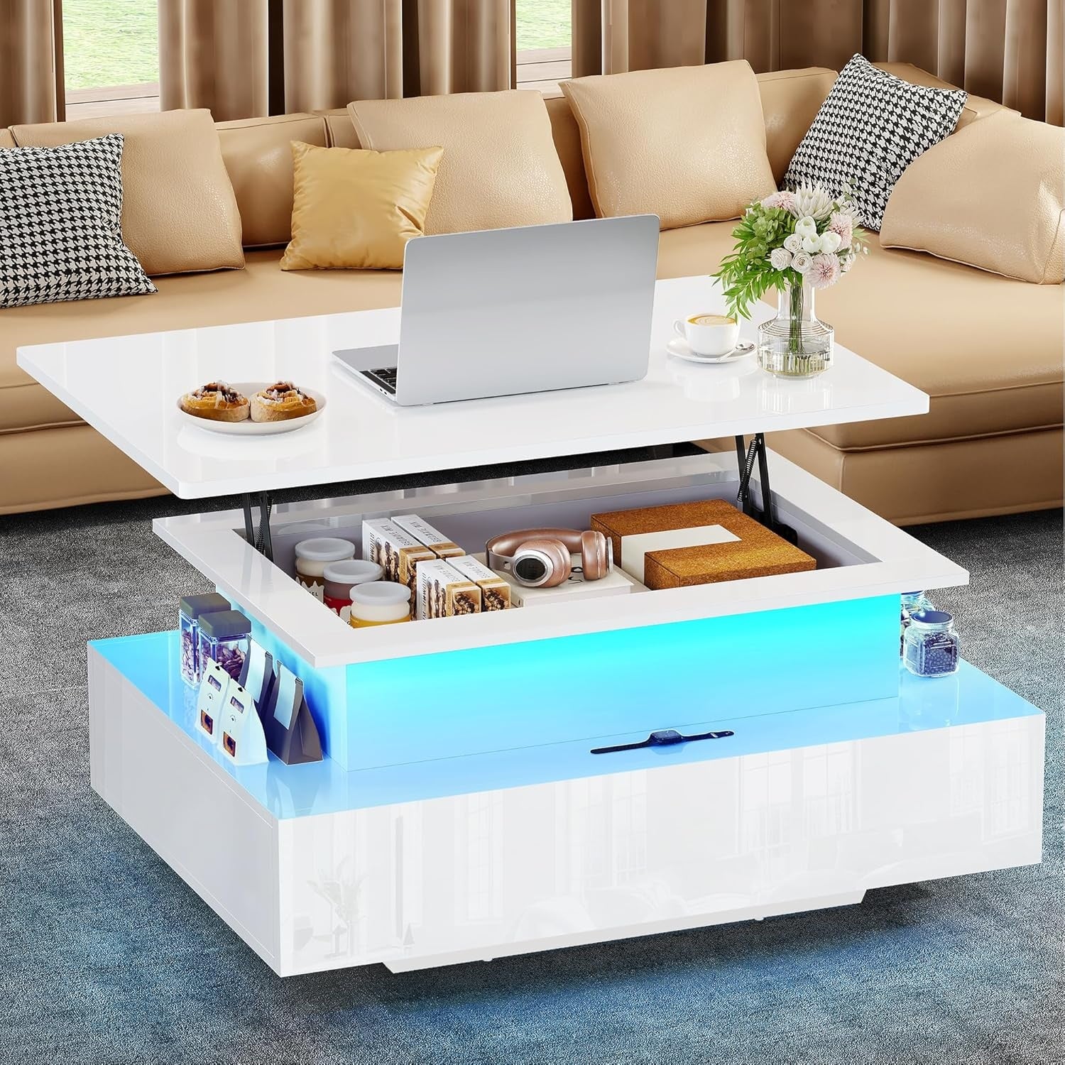 Table basse relevable avec eclairage LED 16 couleurs et 2 tiroirs, meuble de salon moderne