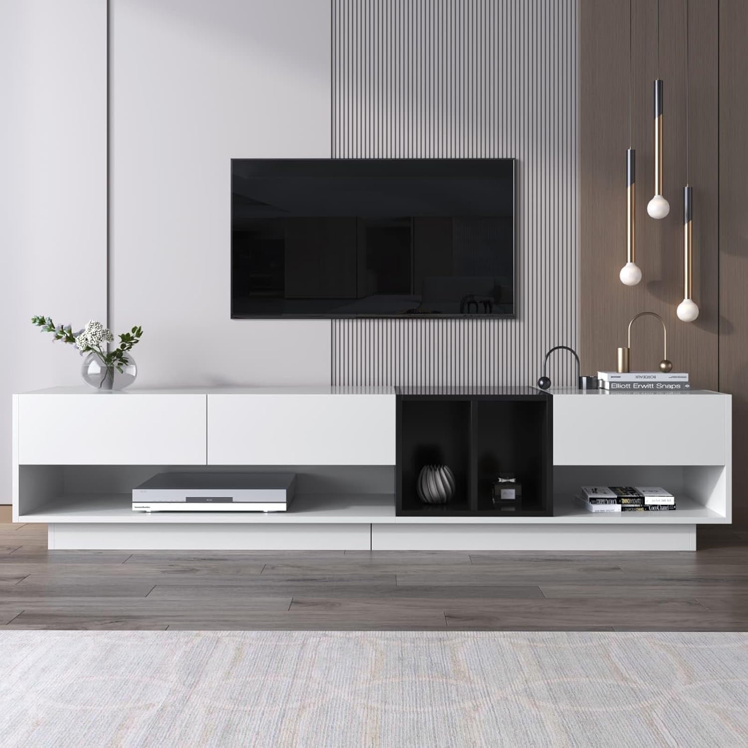 Meuble TV moderne 190 cm avec 3 tiroirs et compartiments ouverts, finition blanc brillant et noir