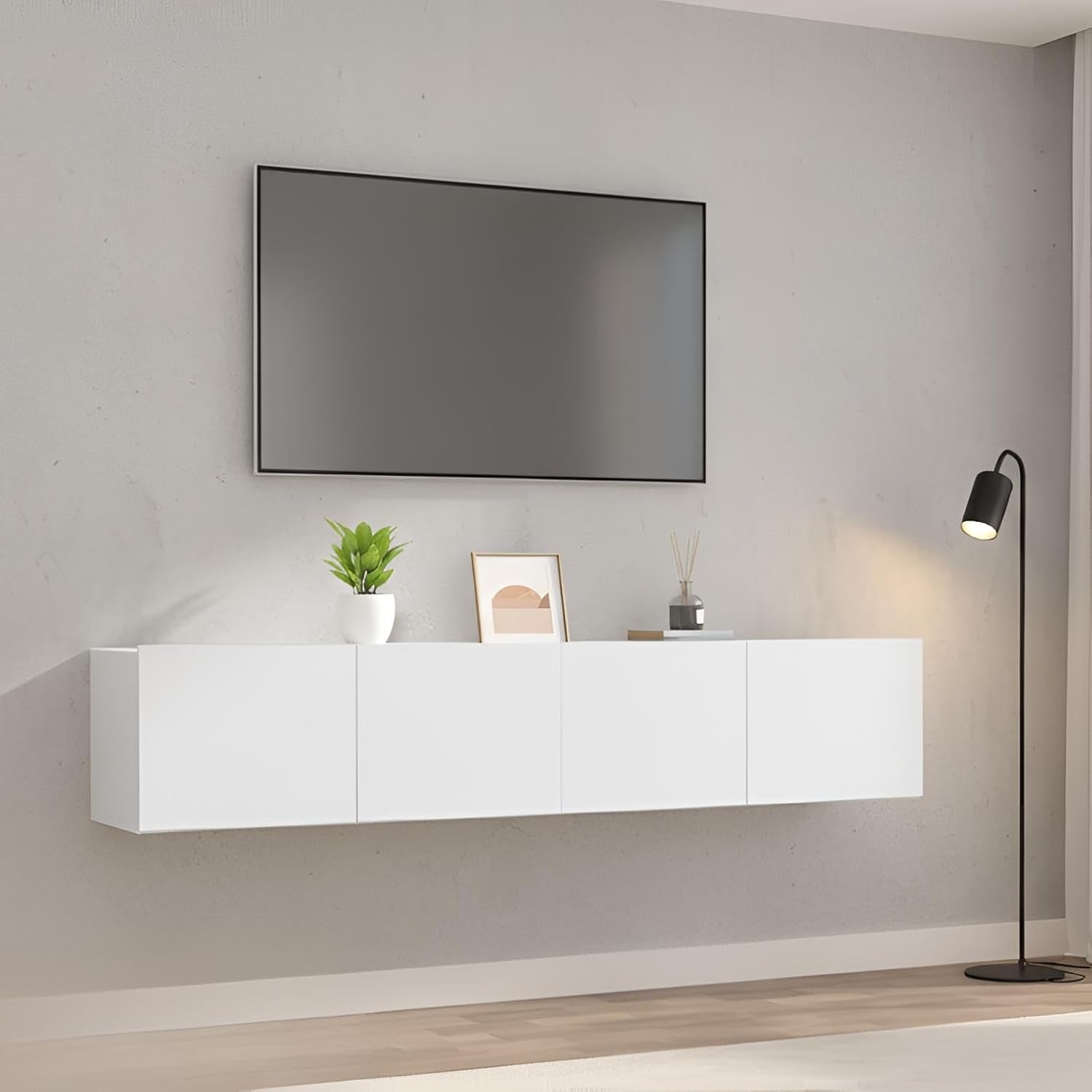 Ensemble de meubles TV suspendus blancs avec rangements intégrés, largeur 160 cm
