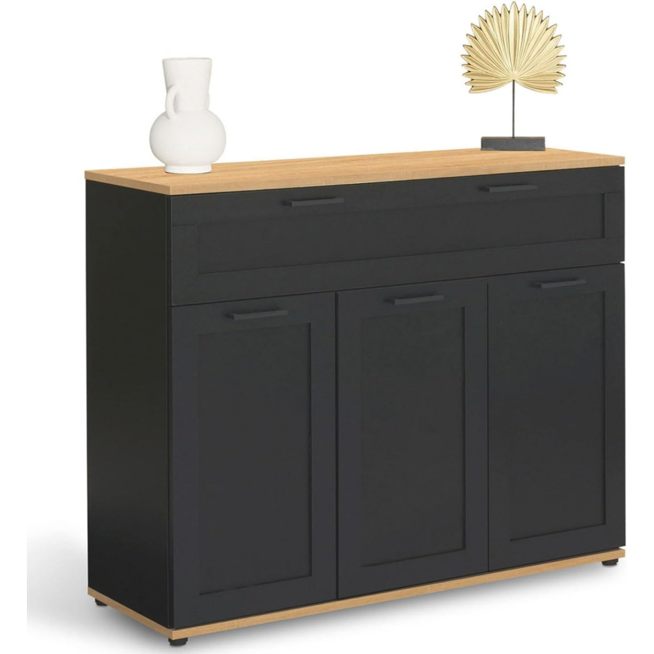Buffet 100 cm avec 3 portes et 1 tiroir, meuble noir avec plateau effet bois