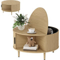 Table basse tambour avec plateau relevable et porte coulissante, finition bois naturel